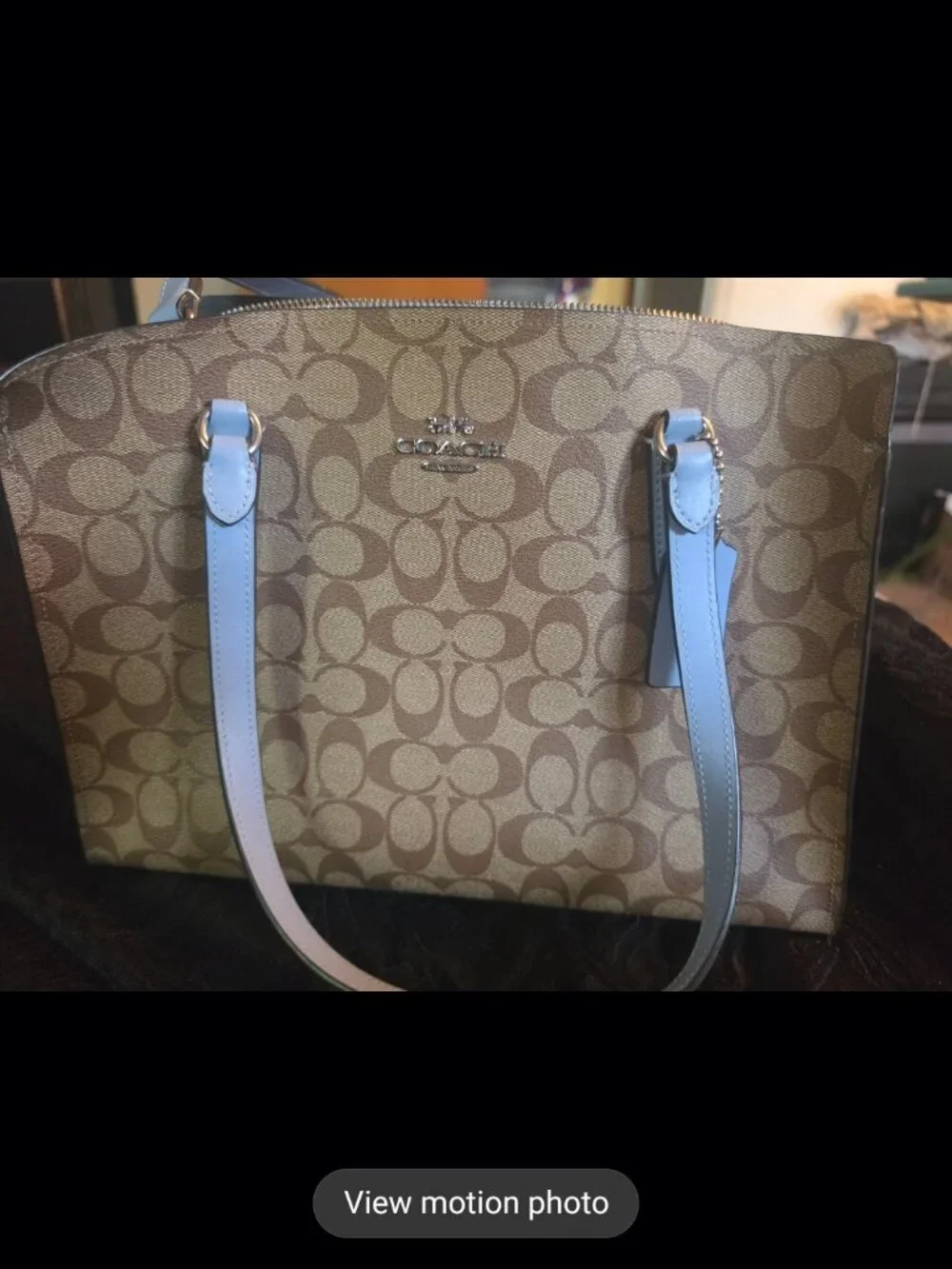 Coach Tatum Carryall in Signature Canvas with marble blue leather handles.